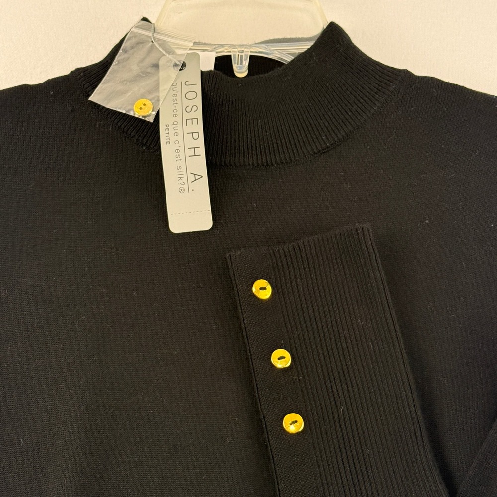 Joseph A. Mock Neck Sweater Women PL Black Gold Button Cuff Ribbed Knit NWT